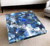 Stone Coffee Table With Natural Blue Agate Mosaic Gemstone Arts Square Handmade Garden Furniture Gifts For Her Wedding Unique Handicrafts IND